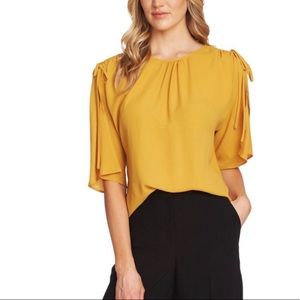 VINCE CAMUTO Womens Yellow Ruched Short Sleeve Jewel Neck Blouse Size M